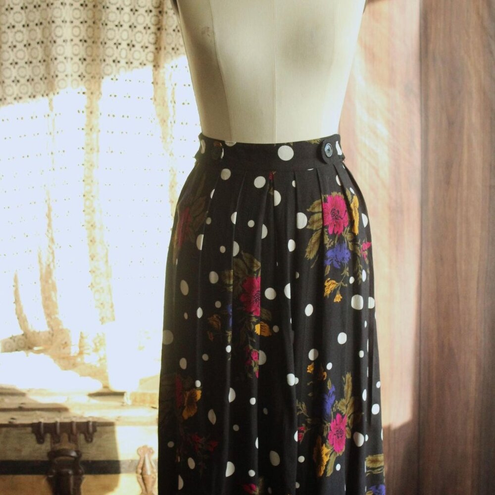 Vintage 1980s 1990s Skirt, Norton McNaughton Petites Polka Dot and Floral - Picture 2 of 12